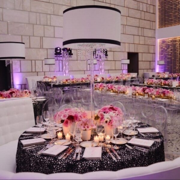 Featuring our Crystal Lamps, Tufted Curved Banquettes, Louis Ghost Chairs Clear and Parson Black and White Dining Tables
